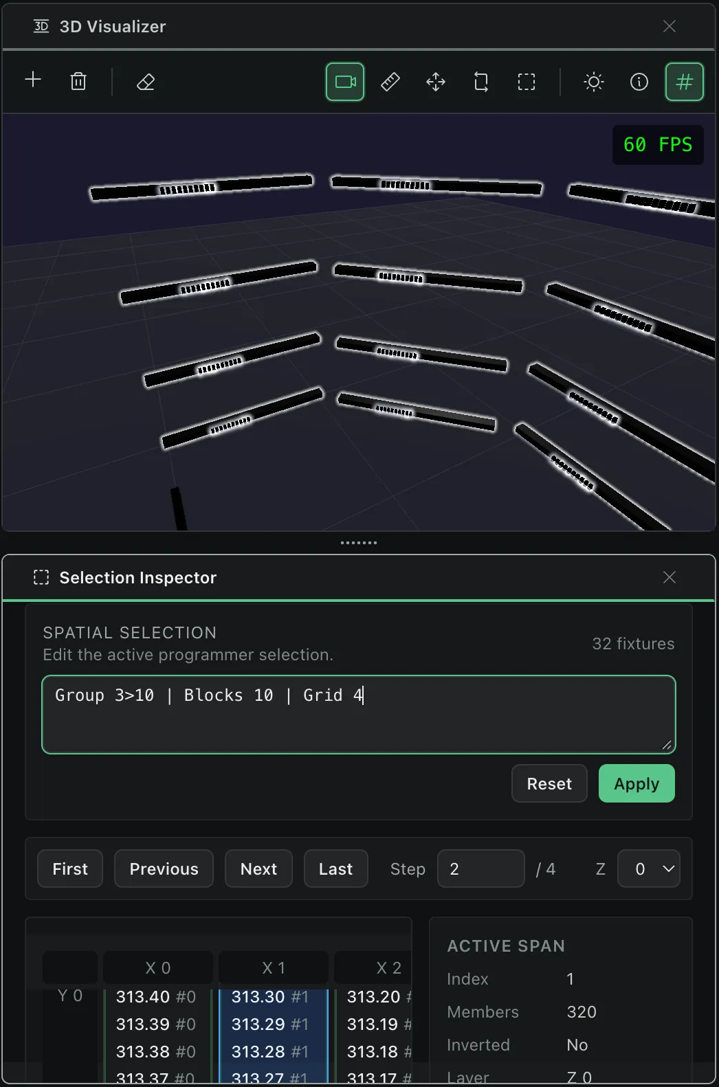 Nightfall selection inspector and 3D visualizer showing a group of lighting fixtures